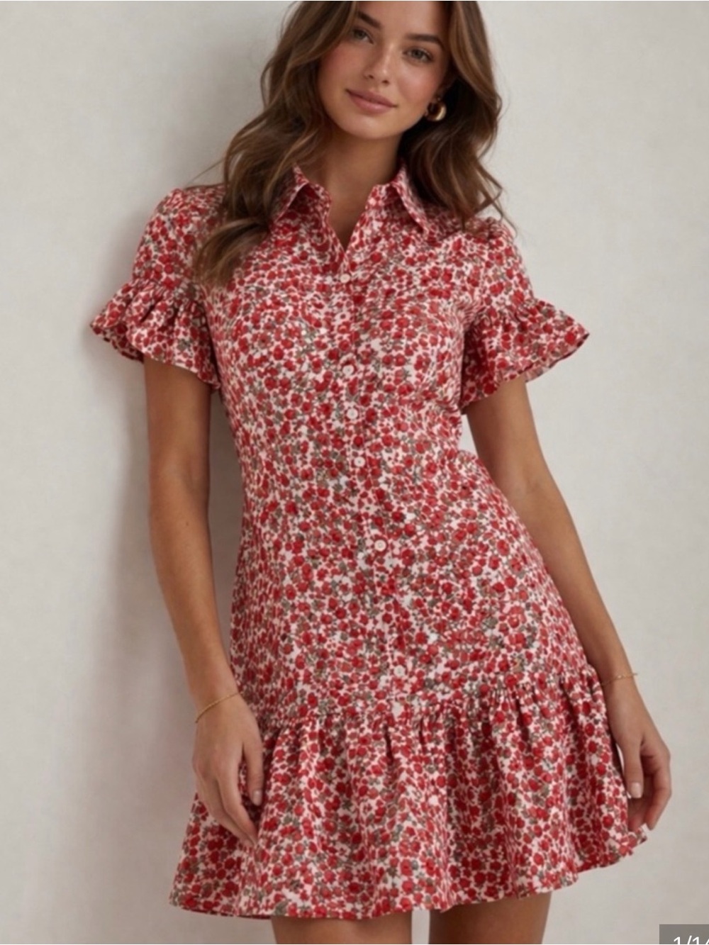 J. Crew Red Floral Button-Front Ruffle Mini Dress in Liberty Fabric